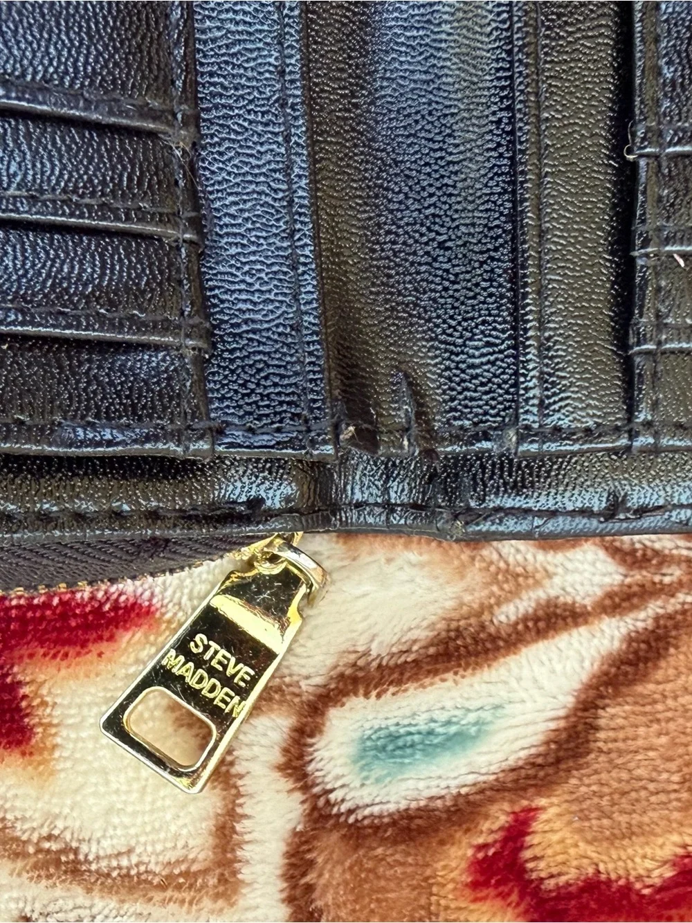 Steve Madden Black Textured Leather Zip Wallet with Gold Logo